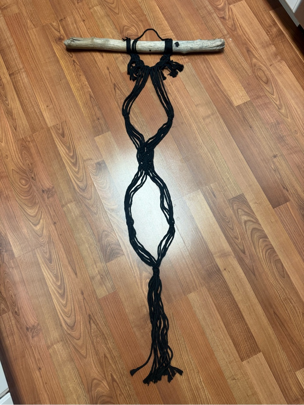 Black Macramé Hat Holder Wall Hanging on Driftwood